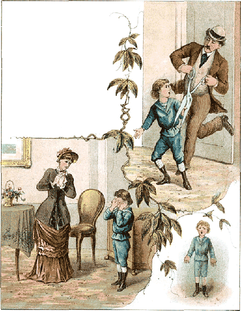 Plaatje uit een oud boek over hoe kinderen die duimzuigen worden aangepakt