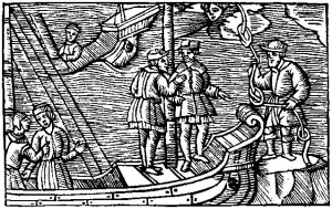 Een heks verkoopt gevangen wind. Afbeelding uit 1555
