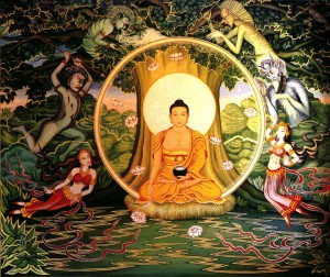 Boeddha in meditatie met allerlei afleidingen om hem heen.