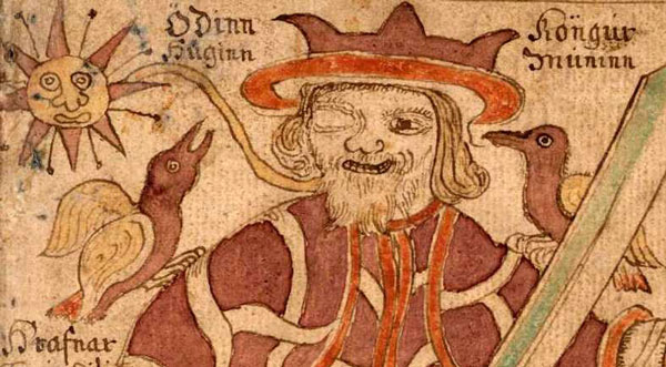 Uit een achttiende-eeuws IJslands manuscript: Odin met de raven Huginn (Geheugen) en Muninn (Gedachte). Afbeelding van Wikipedia