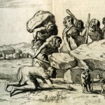 Mensen en reuzen bij de bouw van een hunebed. Gravure uit de Annales Drenthiae https://nl.wikipedia.org/wiki/Johan_Picardt (Geschiedenis van Drenthe), 1660 (afbeelding van Wikipedia)