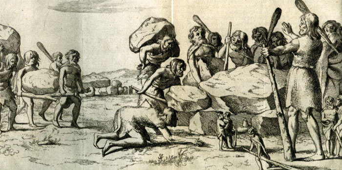 Mensen en reuzen bij de bouw van een hunebed. Gravure uit de Annales Drenthiae https://nl.wikipedia.org/wiki/Johan_Picardt (Geschiedenis van Drenthe), 1660 (afbeelding van Wikipedia)