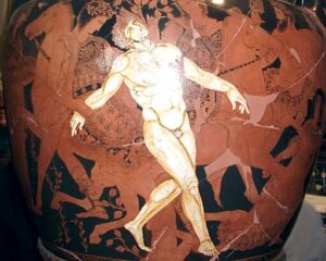 Op een oude vaas is de grote bronzen 'automaton' Talos or Talon uit de Griekse mythologie uitgebeeld.