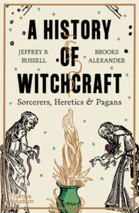Cover of the book, with an old drawing of two witches around a cooking pot, one with a snake in het hand, and the other with a rooster.